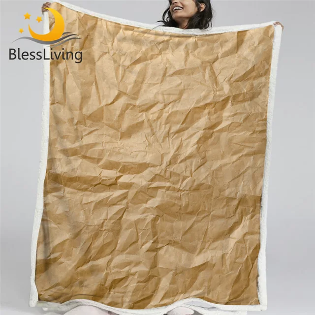 BlessLiving Kraft Paper Sherpa Blanket 3D Print Throw Blanket Crumpled Paper Blanket For Bed Solid Color Plush Bedspread 150x200 1