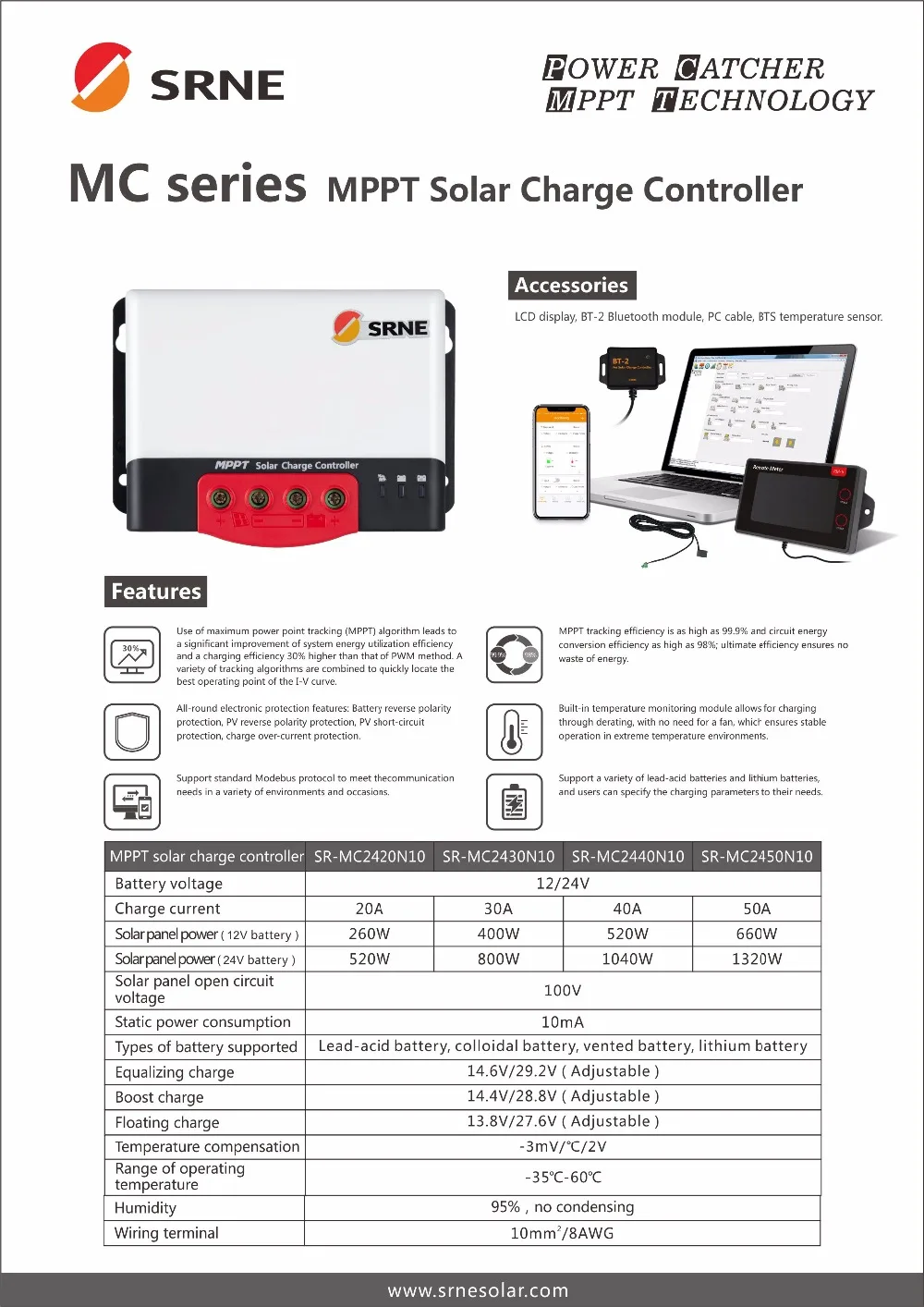 SRNE MC2440N10 40A 12v 24v MPPT Контроллер заряда для 18650 литиевых батарей солнечный регулятор с RM-6 BT-2 lcd Bluetooth