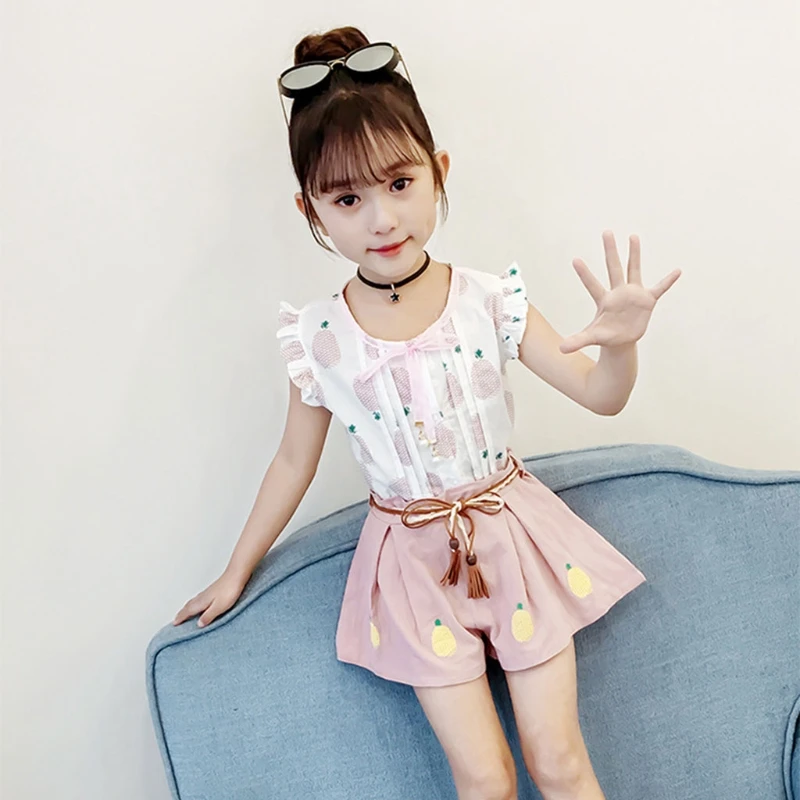 

2 Pcs/Set Girls Two-Piece Suit Pineapple Printing Short Sleeve Loose Round Neck Tops + Elastic Belted Shorts Kids Baby Children
