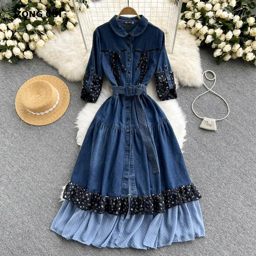 

2021 Autumn Women Denim Maxi Dress Turn Down Collar Single Breasted Ruffle Print Patchwork Designer Jeans Dress Vintage Robes