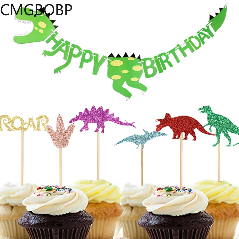 Бумажная гирлянда с изображением динозавров капкейков день рождения детей