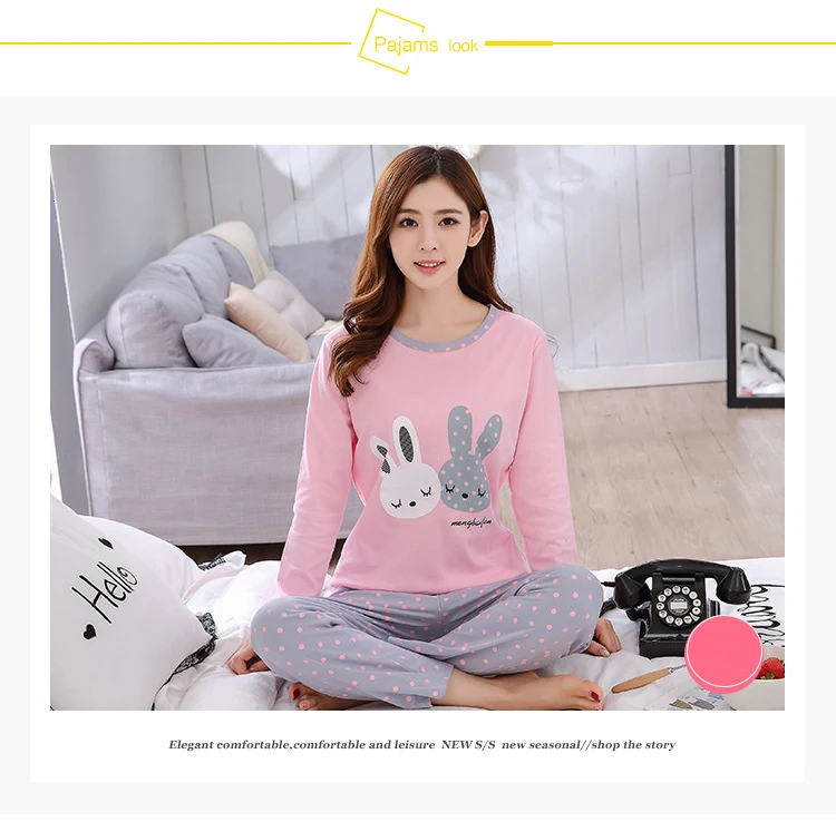 Пижамные комплекты для женщин с круглым вырезом Pijama Mujer пижама с длинным рукавом весенняя Хлопковая пижама Femme Повседневные наборы пижам комплект из двух предметов