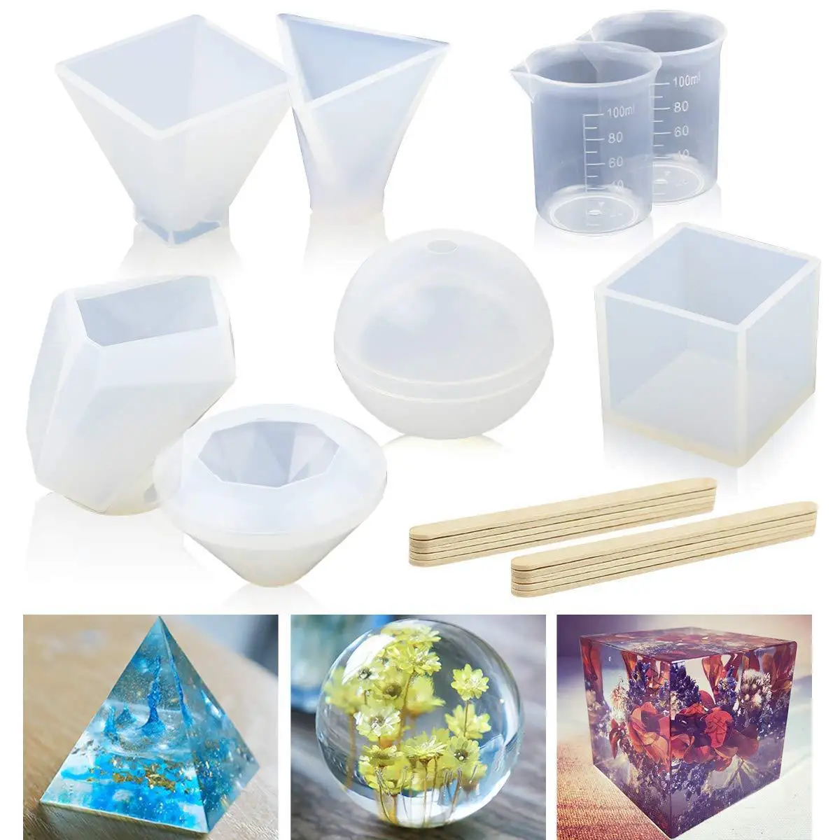 

18pcs Set Epoxy Resin Mold Designer DIY Orgonite Pyramid,Sphere, Cube, Square,Ball Making Kit with Measuring Cup Stirring Rod