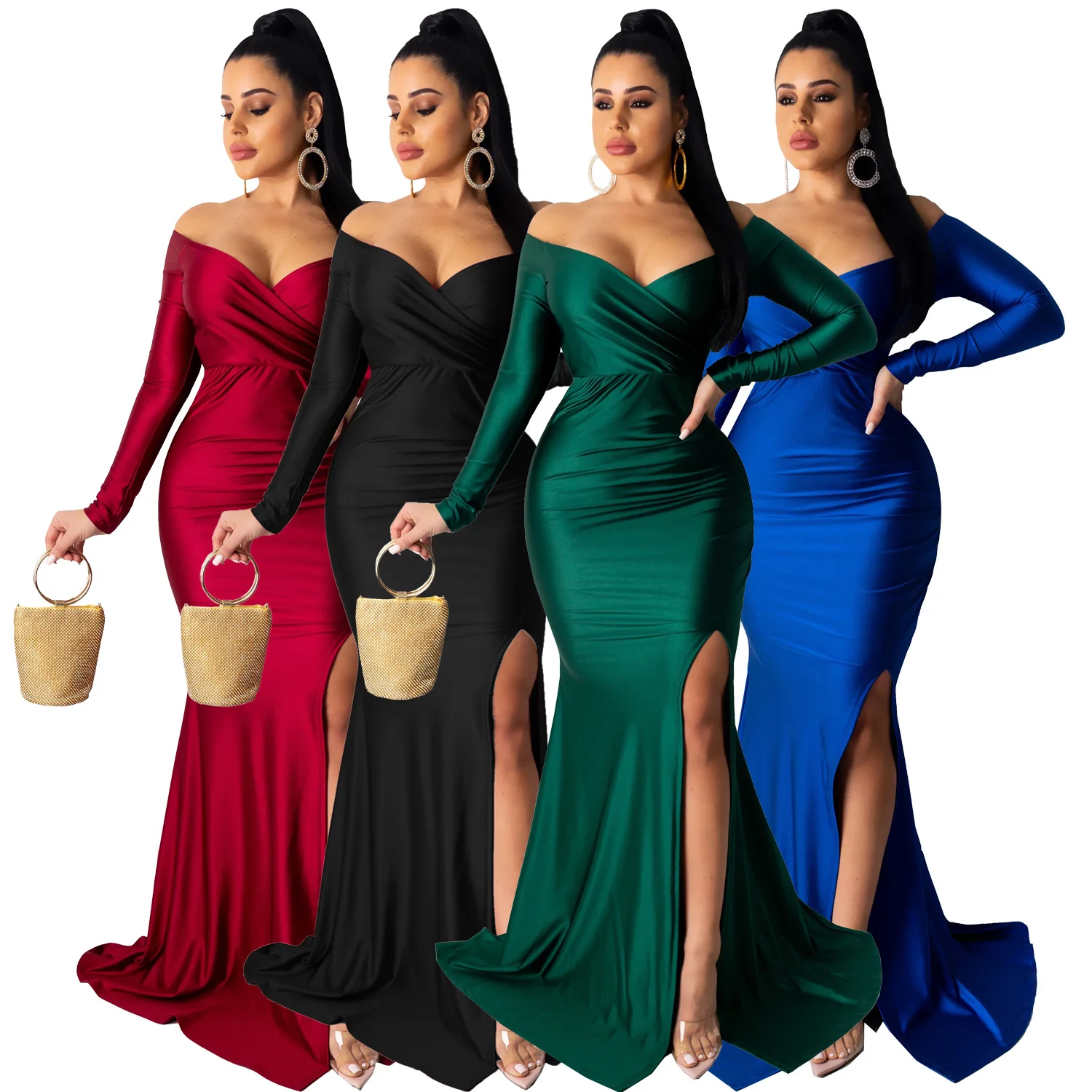 

Autumn Women Sexy Off Shoulder V Neck High Side Split Mermaid Maxi Dress Elegant Night Party Club Winter Long Dresses Vestidos