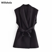 2021 elegant women sleeveless blazer with belt fashion office lady coat chic woman jacket vest suit veste femme