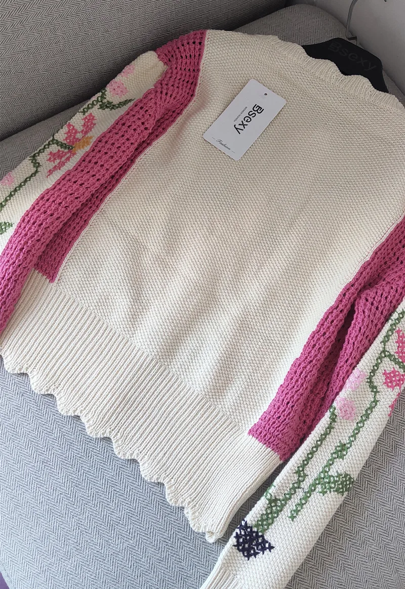 

2020 Autumn Cardigan WOmen Fahsion Brand Floral Embroidery Pink Hollow Out KNitted Sweater Coats Runway Female Top