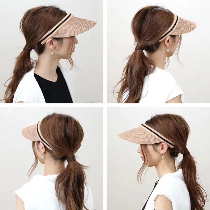 

Japanese ladies raffia empty top hat capless beach summer anti-sneak cap letter shade sun straw hat