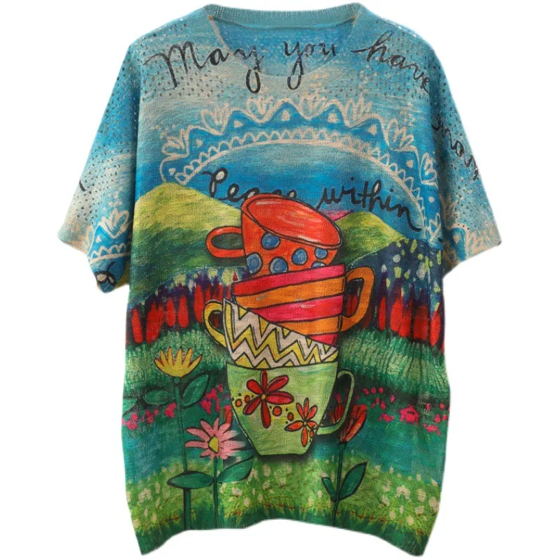 

Max LuLu Summer 2021 Chinese Designer Streetwear Womens Vintage Printed T-shirts Ladies Knitted Casual Tees Female Tops Big Size