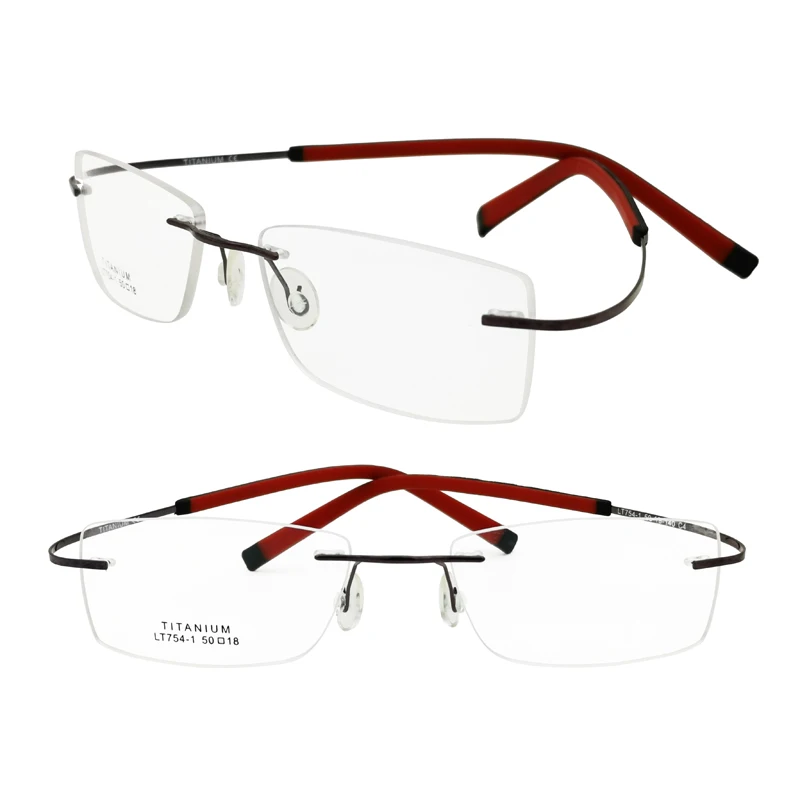 promotion LT754 ultra bendable hingeless pure titanium rimless IP vacuum color coating rectangle simple type precription glasses |