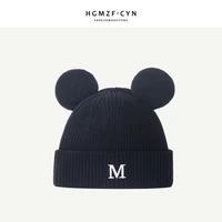 mickey autumn and winter warm woolen hat cute mickey ear knit hat m letter embroidered cap beanie winter hats for women