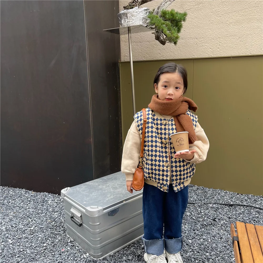 

Outerwear Vest O-neck Collar Single Breasted Plaid Regular Cotton New Fashion Simple Cute Warm Comfortable Winter Autumn Girls