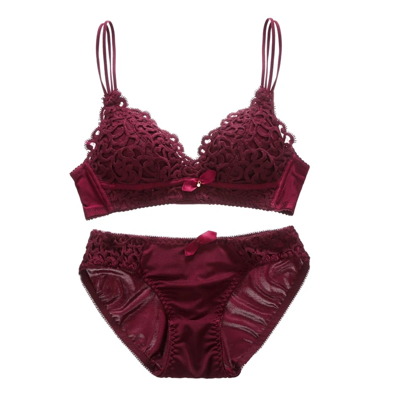 

Sexy Lingerie Set push-up Lace No Steel Ring Adjustable Embroidery Bow Gathered Bra + Underwear Set New 2020