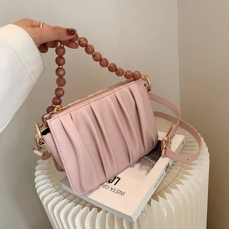 

New Fashion Folds Beading Flap Bags For Women 2021 PU Leather Female Designer Crossbody Bag Sac Femme Shoulder Bag Purses