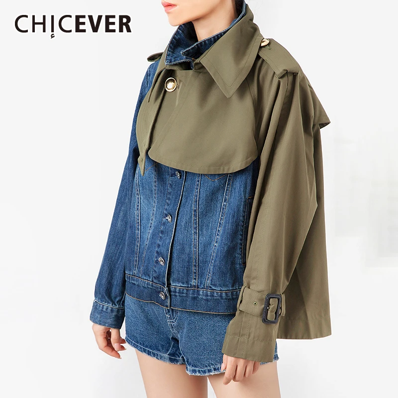 CHICEVER хит цвет джинсовая Лоскутная куртка пальто для женщин воротник с отворотом свободная Асимметричная одежда пальто женские модные новые осенние