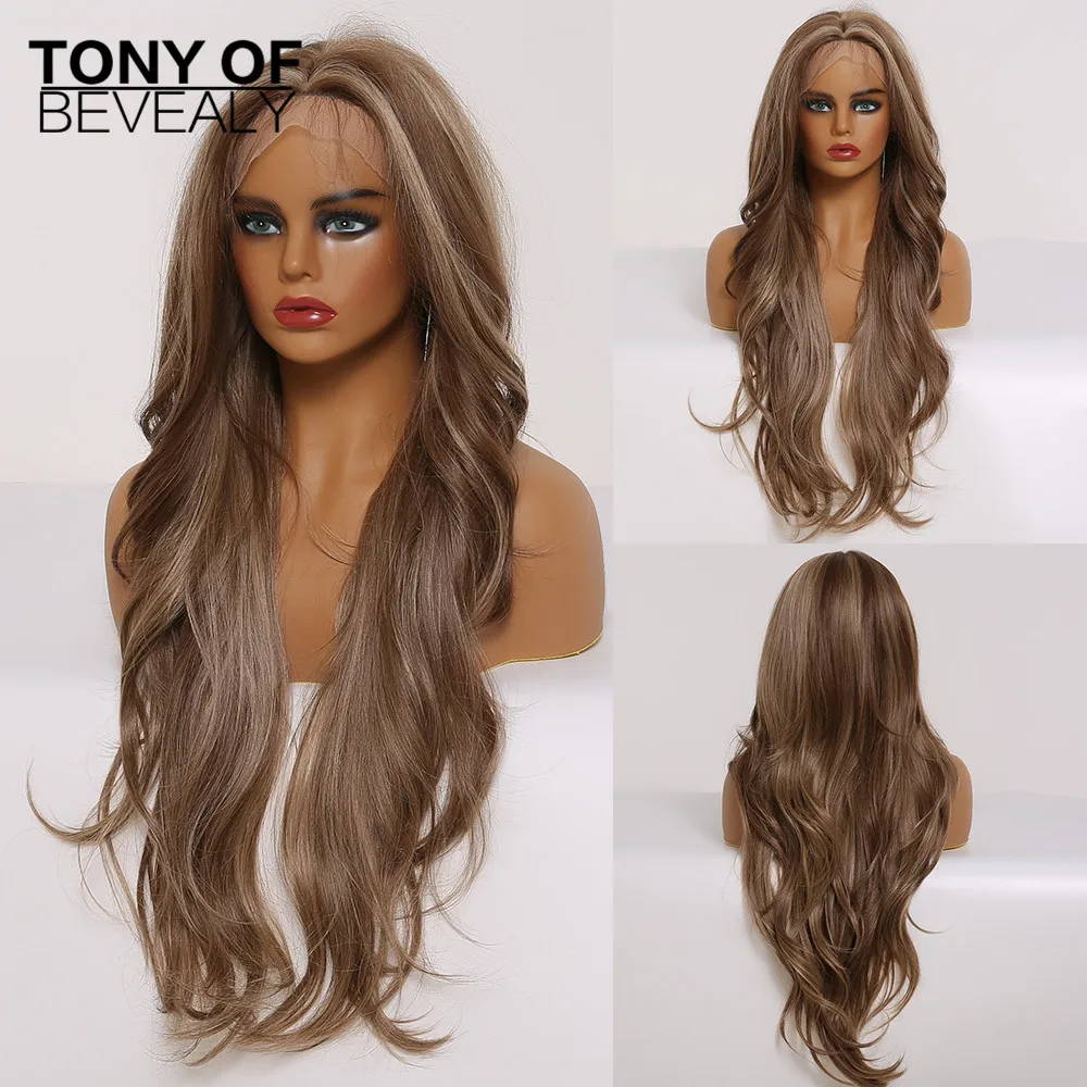 Длинные волнистые коричневые прямые кружева спереди Синтетические