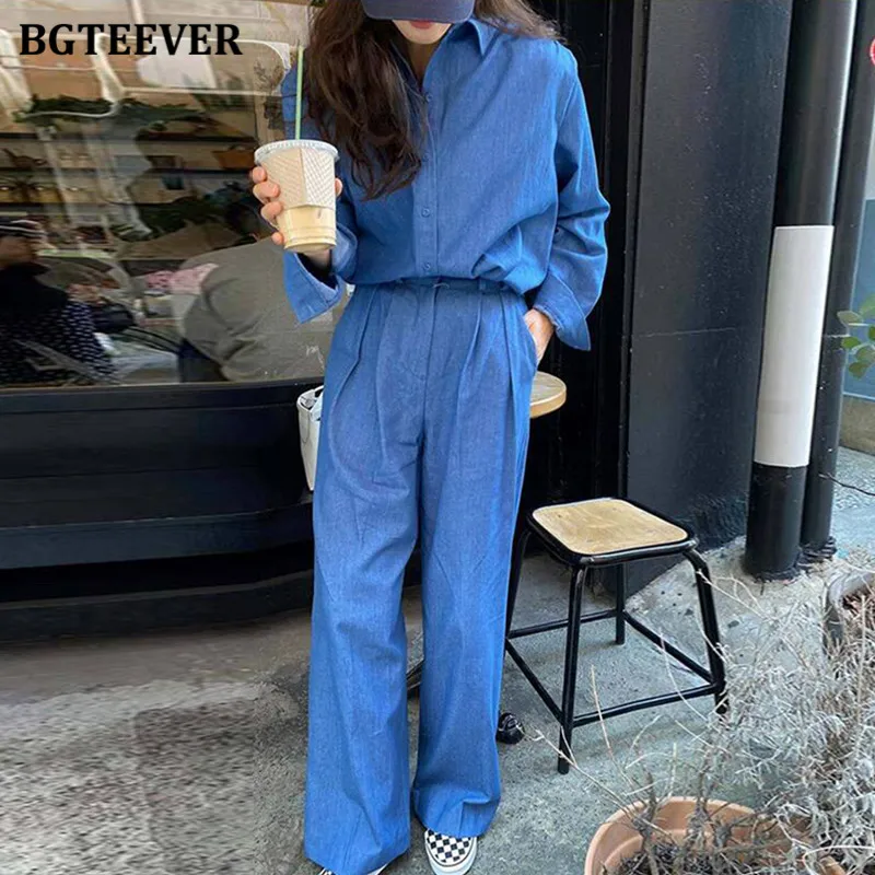 

BGTEEVER Casual Women 2 Pieces Set Notched Collar Blouse Shirts & High Waist Loose Pants Spring Summer Women Pant Suit