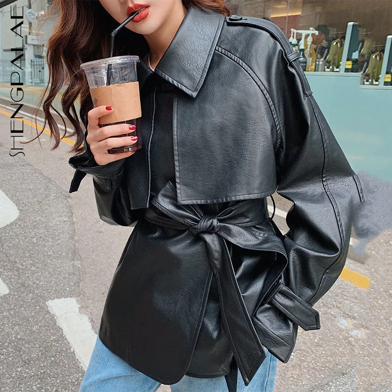 

SHENGPALAE, однотонная уличная куртка из искусственной кожи, Женская Осенняя куртка, новинка 2021, женское приталенное короткое пальто с длинным р...