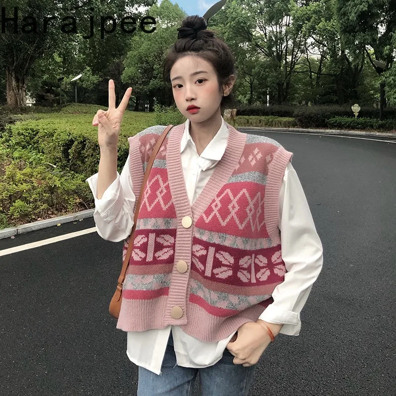 

Harajpee Knitted Vest Retro Single Breasted Argyle V-neck Sweater Color Contrast Korean Spring Autumn New All-match Women Tops