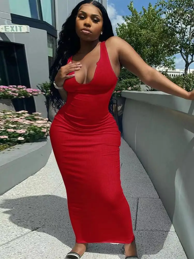 

Rib mesh stripe sleeveless mid length dresses V-neck tights sexy Street Party Club elegant 2021 spring / summer long women's dr