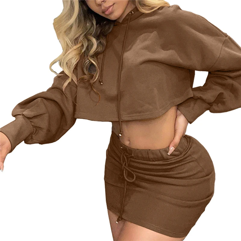 

Sexy Womens 2 Pcs Skirt Set Loose Drawstring Long Sleeve Hoodies + High Waist Skirt Outfits Solid Color Women Autumn Clothes Set