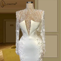 Ivory Muslim Long Sleeve High Neck Mermaid Evening Dresses Beads Handmade Flowers Middle East Floor Length Satin Evening Gowns
