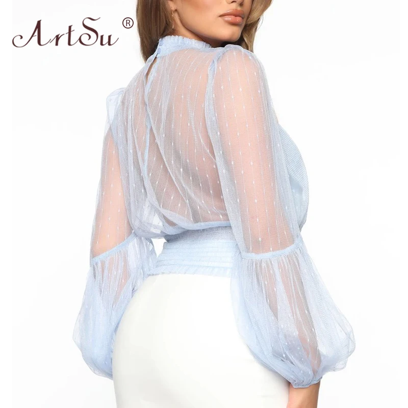 Женская прозрачная блузка в горошек ArtSu с рукавами-фонариками и высоким