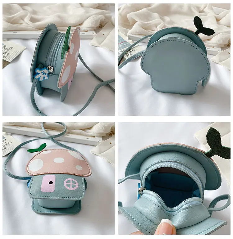 

Cute Children Mini Shoulder Bags New Lovely Girls Mushroom Coin Purse Fashion PU Leather Kawaii Baby Kids Small Crossbody Bags