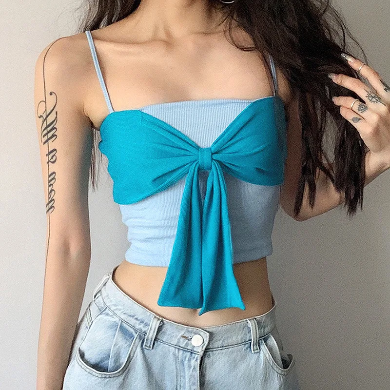 

European American Style Summer New Women's Slim Body Navel Fashion Hit Color Bow Sexy Camisole Crop Tops Camis For Women
