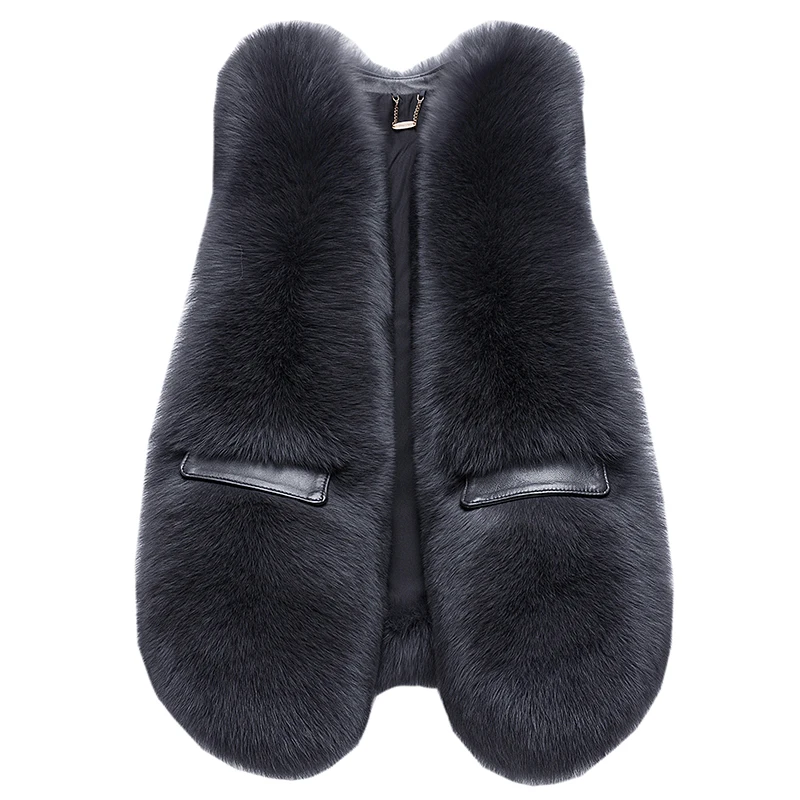 

2020 new real fur genuine leather fox fur vest women's whole skin vest leather pocket fur vest