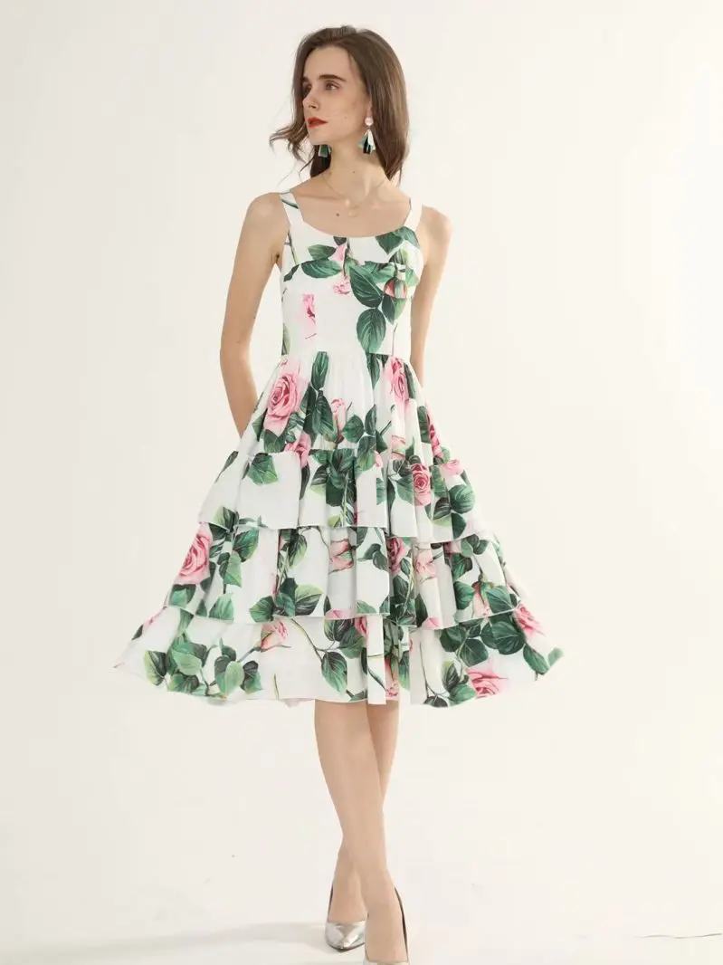 

Summer Sexy Spaghetti Strap Cotton Dress Women's Cascading Ruffle Rose Flower Print White Charming Dresses XXL