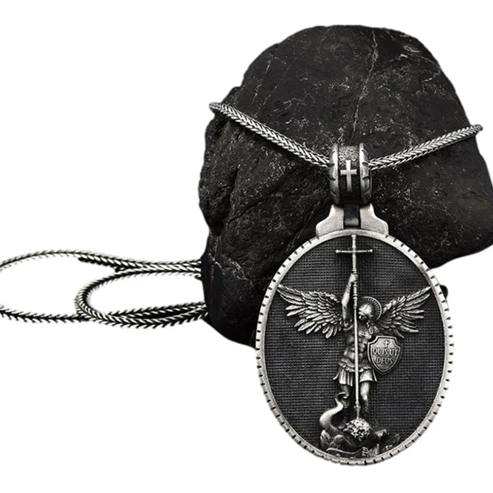 

New Fashion Retro Christian Jewelry Angel Archangel Michael Men's Pendant Necklace Religious Jewelry Chain Necklace