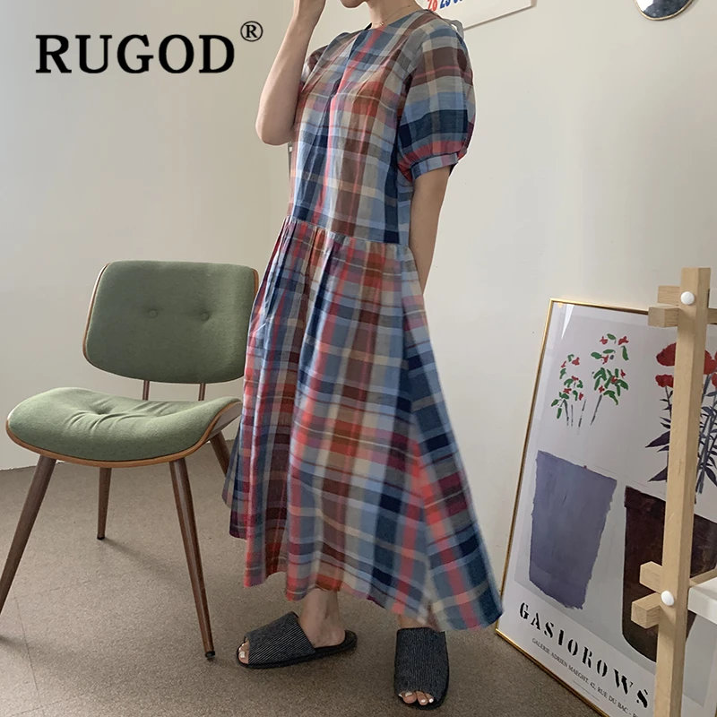 korean chic dress retro plaid long length dresses in stock now | Женская одежда