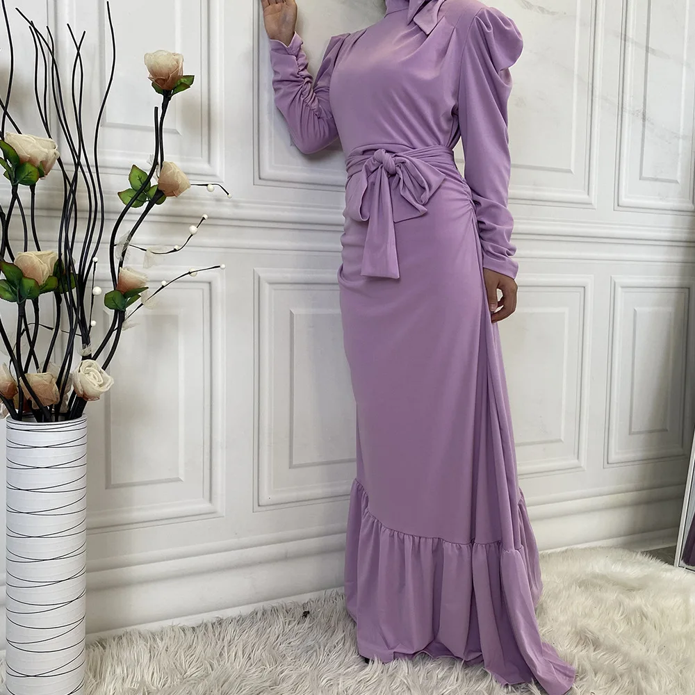 

Donsignet Muslim Dress Middle East Muslim Fashion Women's Pleated Long Dress Irregular Hem Dubai Abaya Turkey Muslim Dress Belt