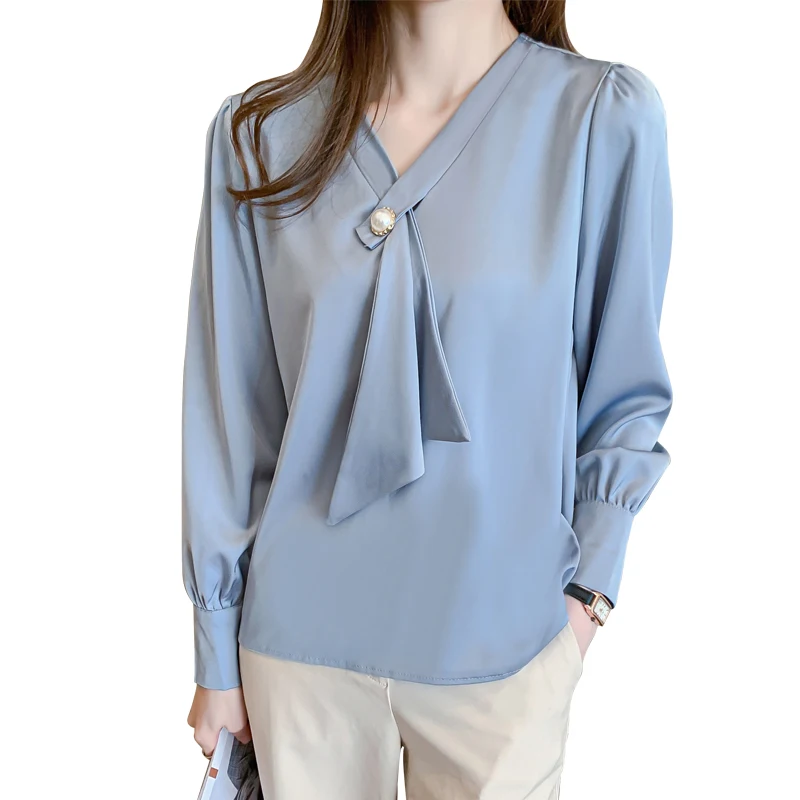

2021 Spring New fashion blouse women Long Sleeve Satin Chiffon Shirt Pure Color Retro Top