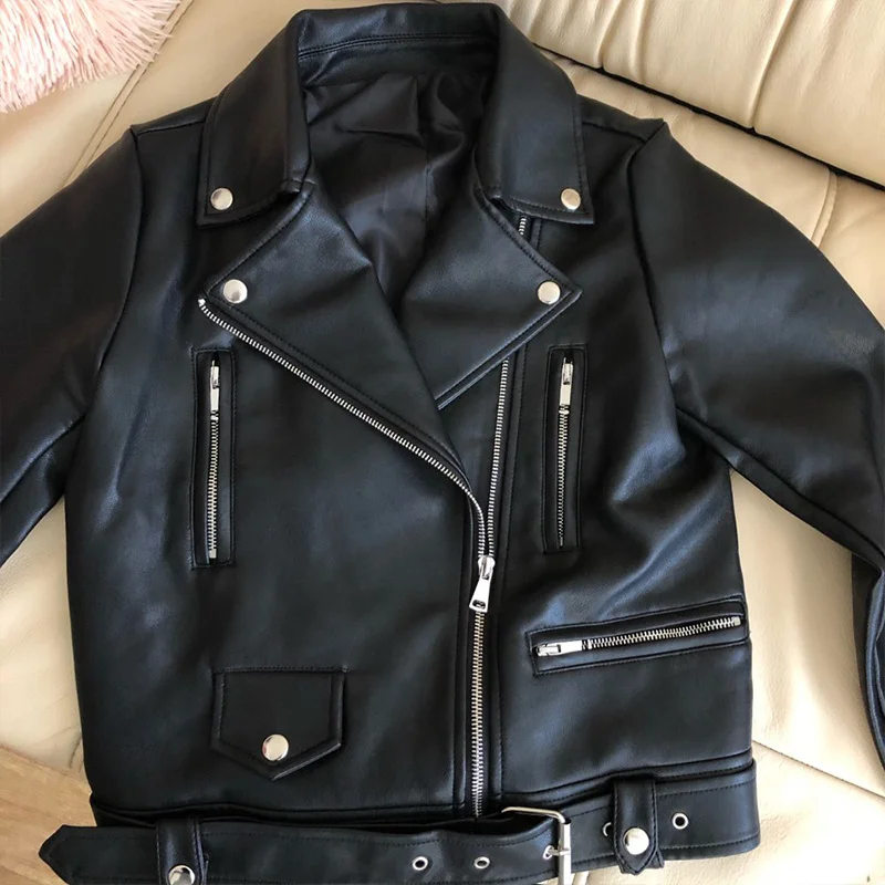 

Ailegogo - women's synthetic leather jacket, basic coat with back neck, belt, black, suitable for spring and autumn