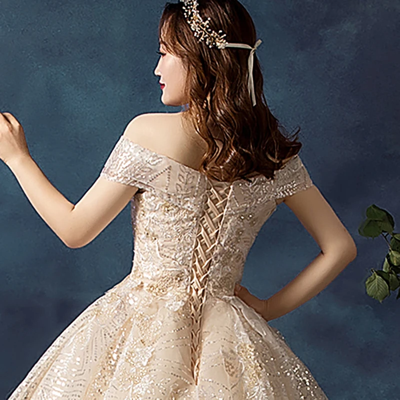 

New Champagne Wedding Dress Boat Neck Lace Embroidery Off the Shoulder Short Sleeves Bling Luxurious Women Bride Dresses B007