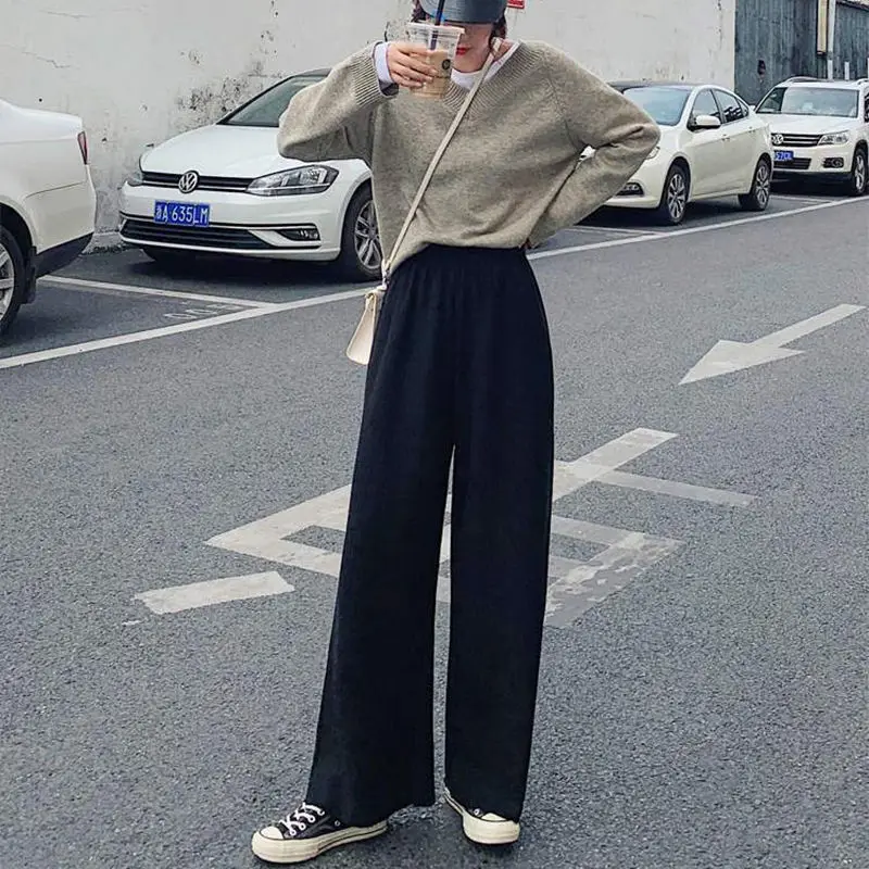 

women Winter Knit Wide Leg Pants Women Warm Elastic Waist Pants Women Loose Trousers Plus Size Straight Pants Women Korean Style