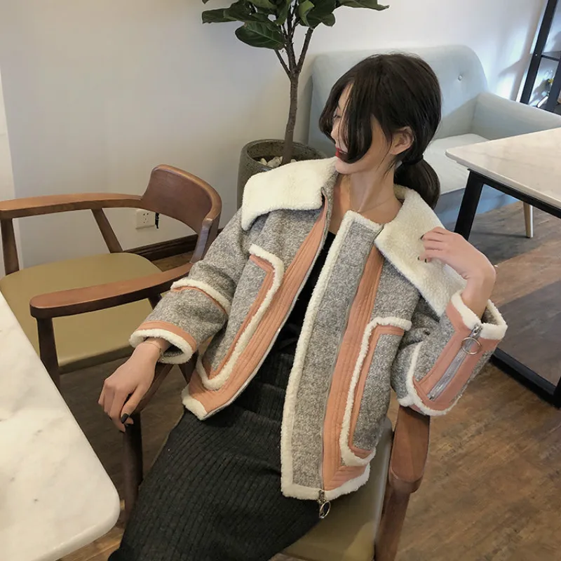 Осенне-зимнее пальто женское из смешанной шерсти большой отворот молния