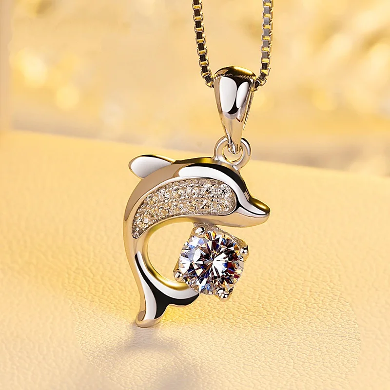 

925 Sterling Silver Box Chain Crystal Dolphin Charm Pendants&Necklaces Choker For Women Wedding dz776
