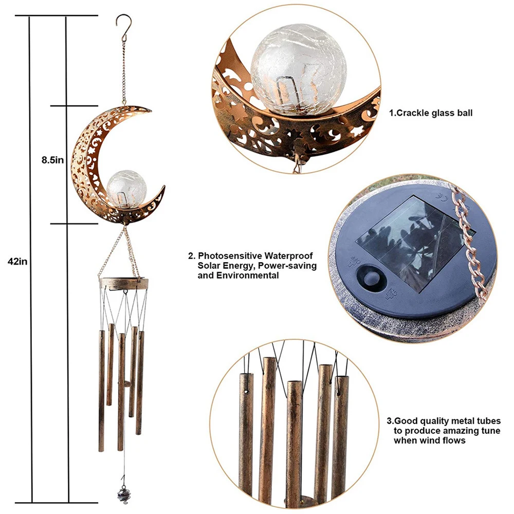 

Wind Chimes Solar Lights Outdoor Waterproof Hanging Aeolian bells Solar Lamp With Hollow Moon Star Sun Shape Drop Ornaments