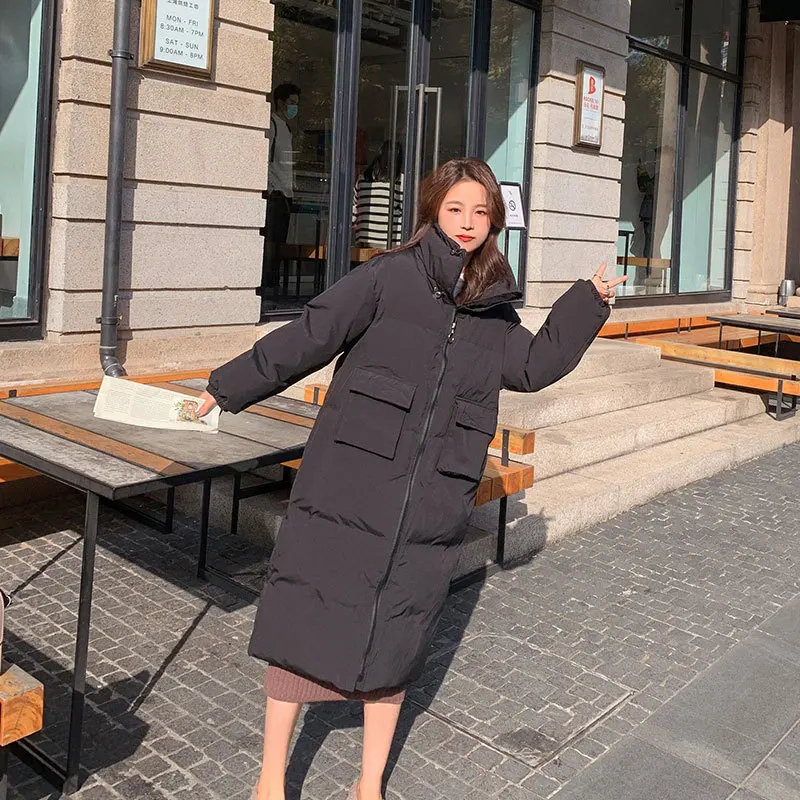 

Autumn and winter temperament thick cotton jacket long zipper black high-end Korean fashion all-match cotton jacket women