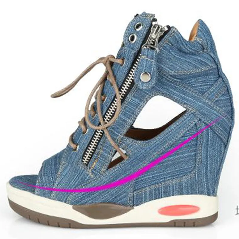 Женские джинсовые сандалии на танкетке с открытым носком | Обувь