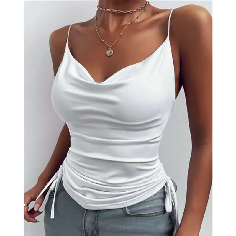 

Womens Summer Camis Tanks Tops SleevelessThe Newest Women's Solid Color Drawstring Camisole Close-fitting Women's Casual Vest