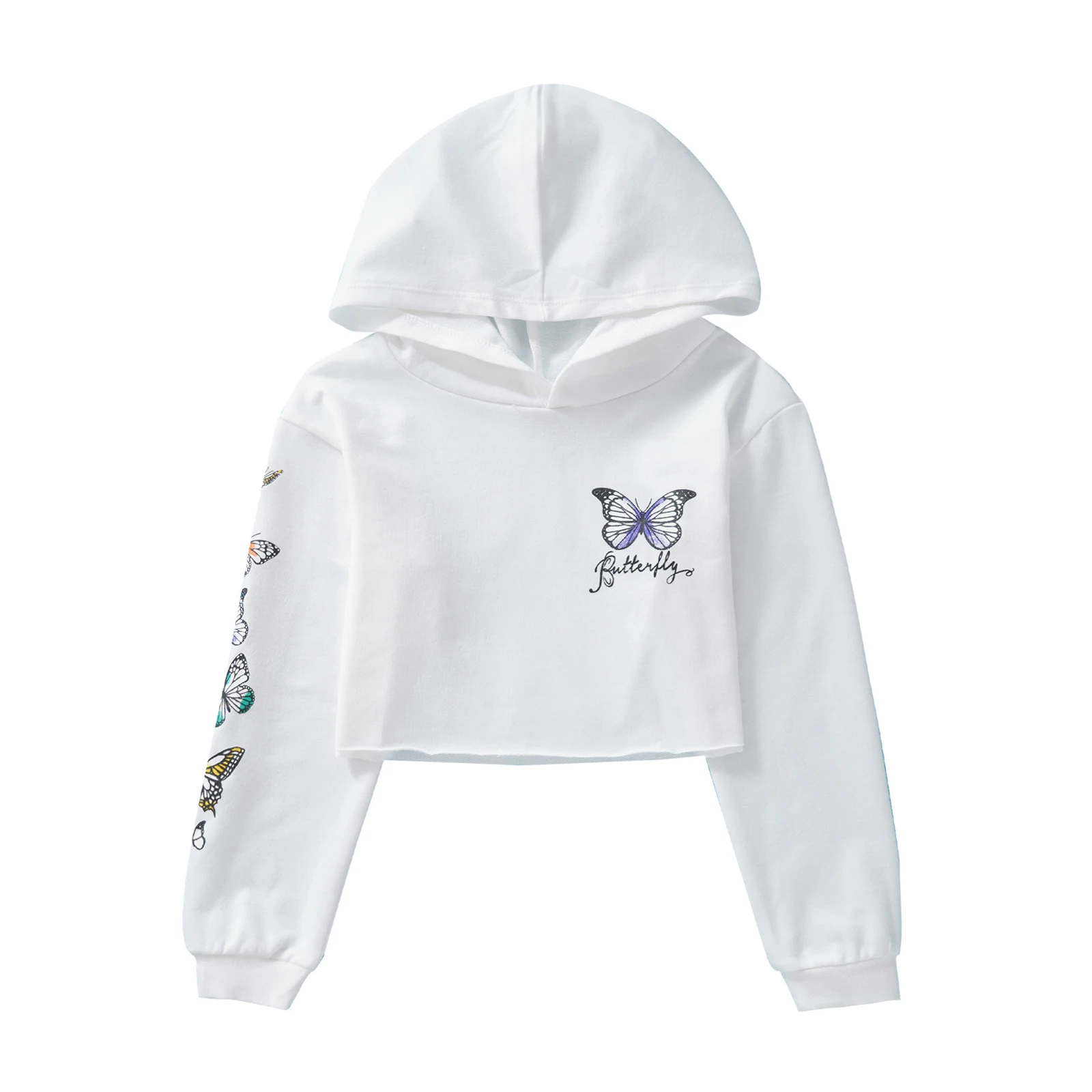 

Kids Girls Clothes Casual Hooded Long Sleeves Butterfly Print Cropped Sweatshirt for Gym Dance Harajuku Children Clothing Coat