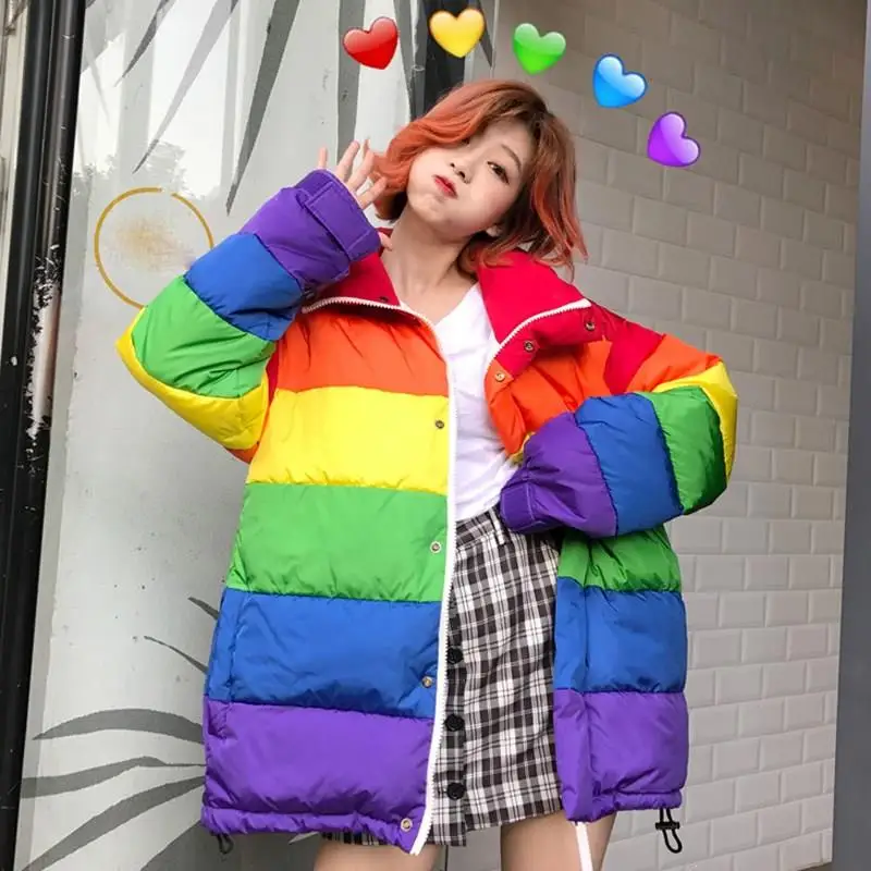 Новинка 2019 женские зимние куртки радужные полосатые хлопковые стеганые пальто