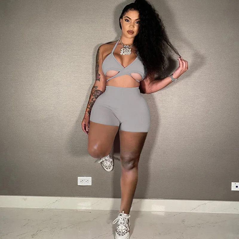 

CIBBAR Casual Sexy Solid Skinny Two Piece Sets Women Sleeveless Halter Top+Shorts Suits Female Sporty Outfits Cut Out Streetwear