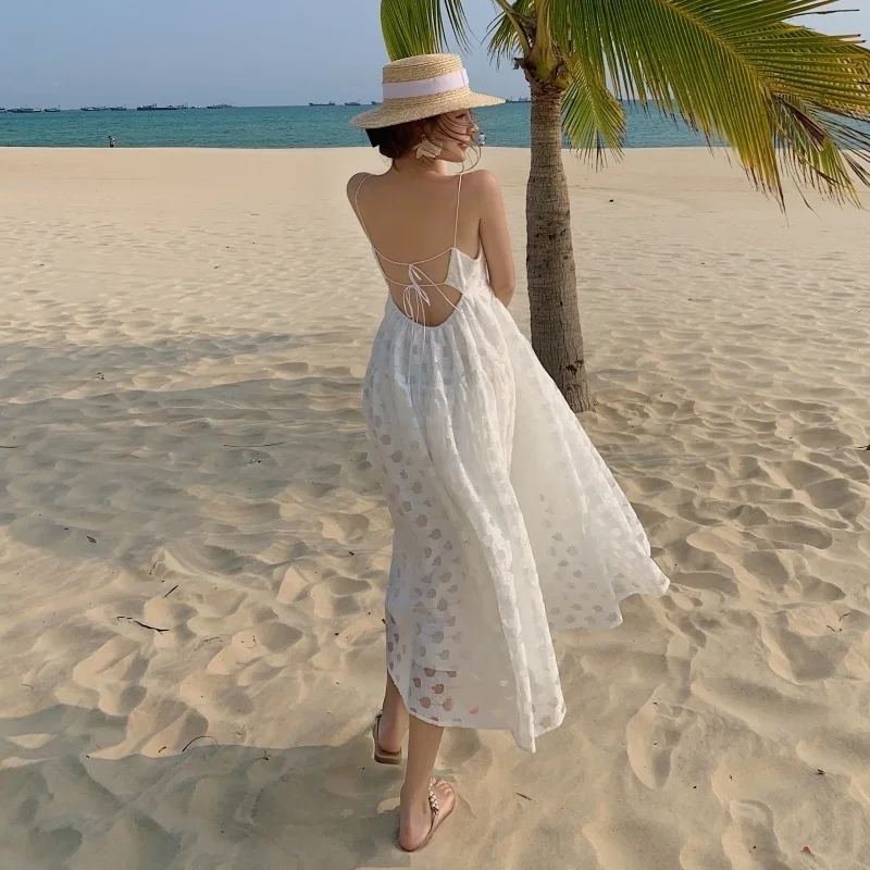 

Backless Beach Skirt Sling Super Fairy Dress Sanya Beach Travel Photo Vacation off-Shoulder Dress for Women Summer