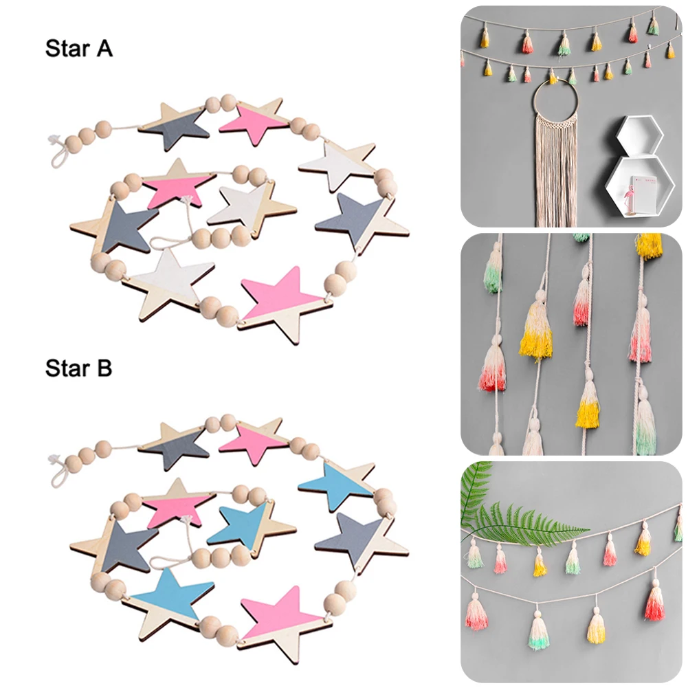 

Nordic Style Wall Hanging Ornament For Photography Props Cute Star Shape Wooden Beads Tassel Pendant Baby Room Decoration