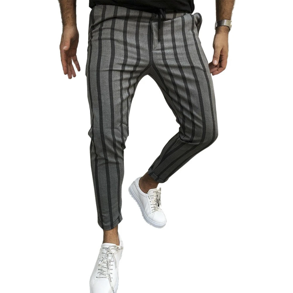 

2020 Fashion Trend Mens Long Pants Loose Trouser Vertical Striped Print Drawing Straps Elastic Band Stylish Casual Bottoms