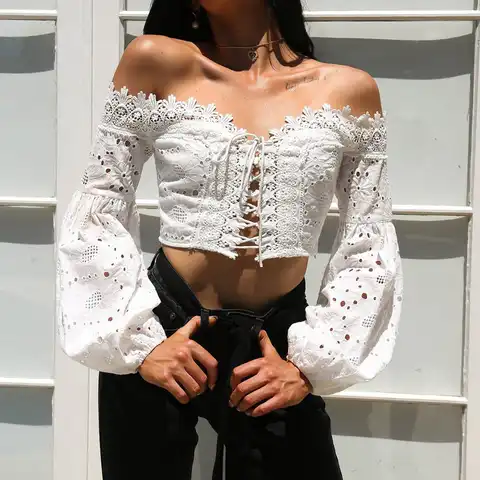 Women Off Shoulder Blouse Long Sleeve Hollow Out Lace Sexy Tight Top Female Loose Bandage Fashion Blouses Woman Blusas Femininas